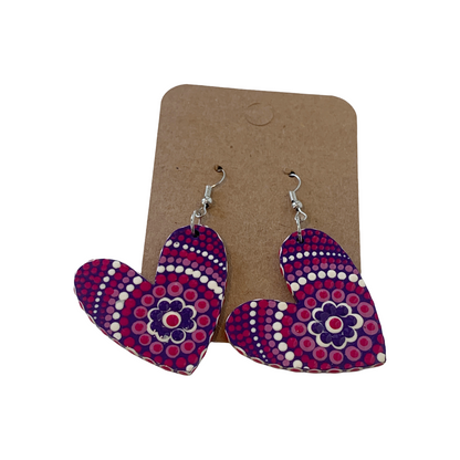 IRENE BOWYER | ‘Heart Shaped (purple/white/pink) Earrings' | Hand-painted wood