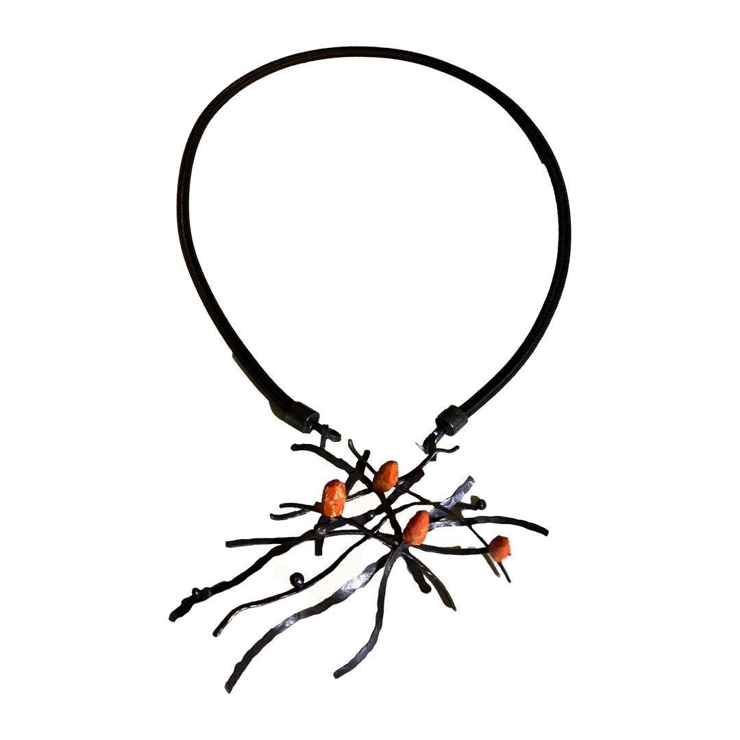 LOIS HAYES | 'Neckpiece 2 - Rainforest Floor Secrets' | Oxidized sterling silver / wood / paint / marine cord / lacquer