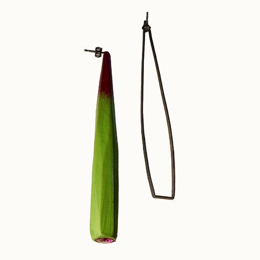 LOIS HAYES | 'Earrings 2 - Rainforest Floor Secrets' | Oxidized sterling silver / recycled builder’s wood / paint / lacquer /  nano rhodolite