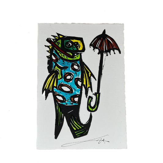 JANE DENNIS | 'Captain Fishhook' | Gift card | Hand-coloured linocut