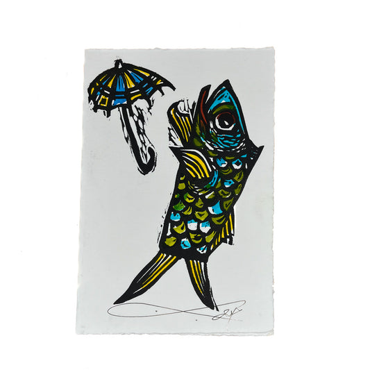 JANE DENNIS | 'My Umbrella' | Gift Card | Hand-coloured linocut