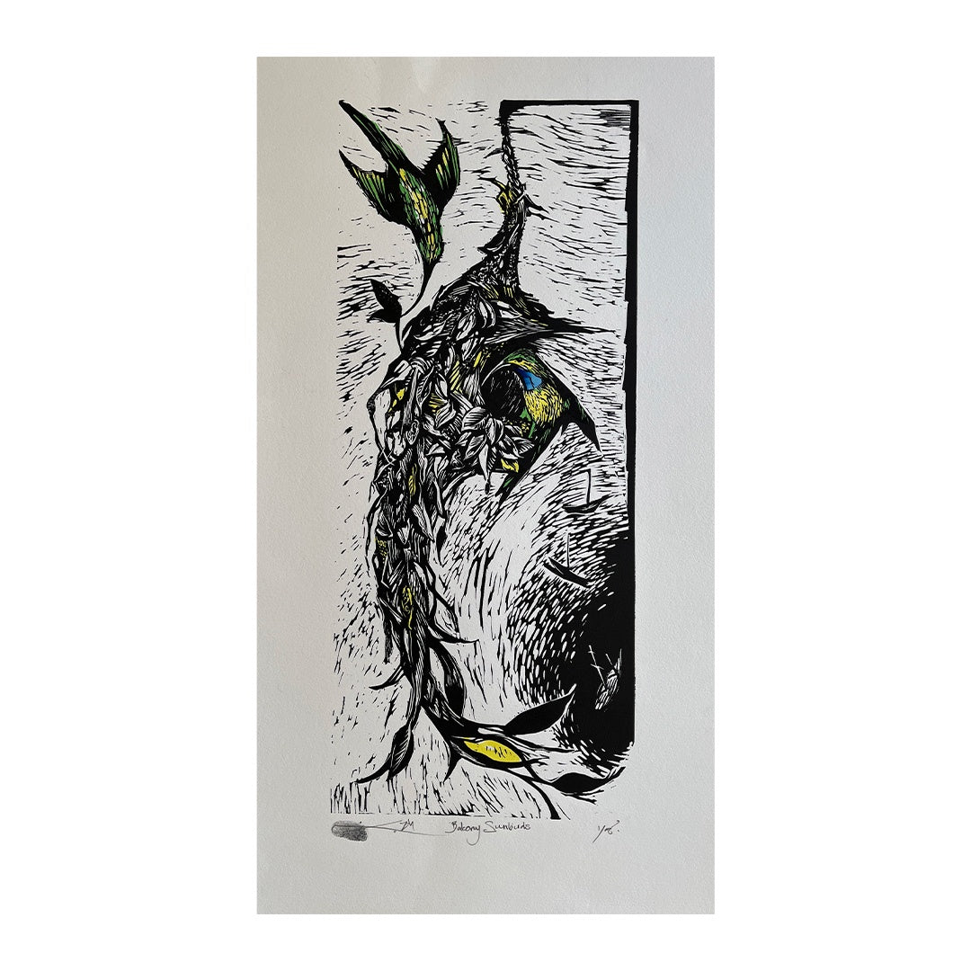 JANE DENNIS | ‘Sunbird Balcony’ | Hand-coloured linocut
