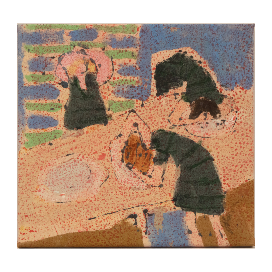 JULIE POULSEN | 'Hairwashing Saturday' (1) | Acrylic + mixed media on canvas | 30 (h) x 30 (w) cm