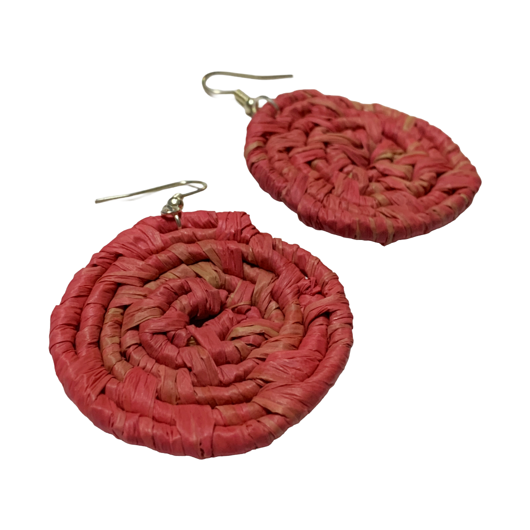 KATIJAH NOWLAN | ‘Medium Earrings- Pink / Red’ | Woven Raffia | Stainless Steel Hook