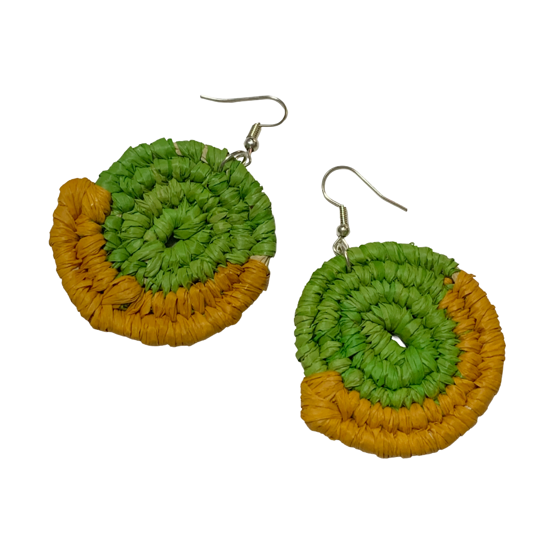 KATIJAH NOWLAN | ‘Medium Earrings- Green / Yellow’ | Woven Raffia | Stainless Steel Hook