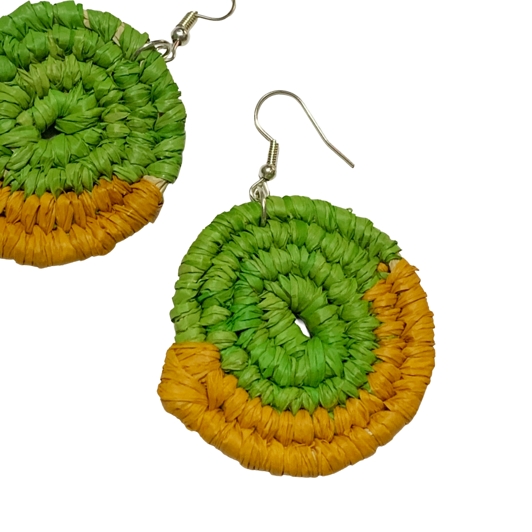 KATIJAH NOWLAN | ‘Medium Earrings- Green / Yellow’ | Woven Raffia | Stainless Steel Hook
