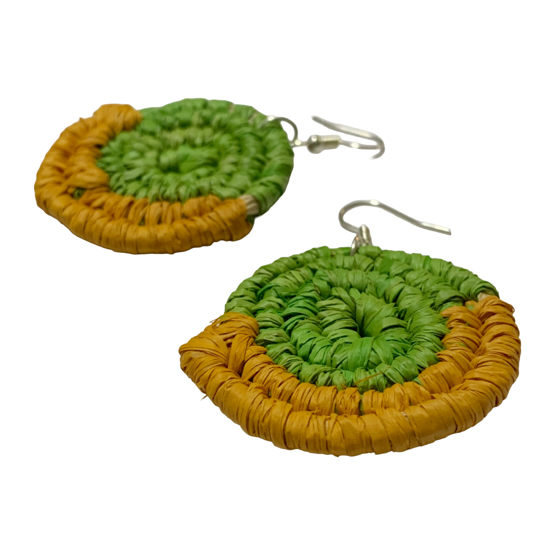 KATIJAH NOWLAN | ‘Medium Earrings- Green / Yellow’ | Woven Raffia | Stainless Steel Hook