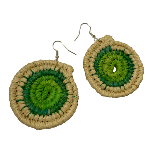KATIJAH NOWLAN | ‘Large Earrings- Green / Natural’ | Woven Raffia | Stainless Steel Hook