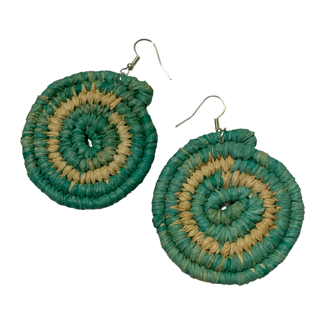 KATIJAH NOWLAN | ‘Large Earrings- Aqua / Natural’ | Woven Raffia | Stainless Steel Hook