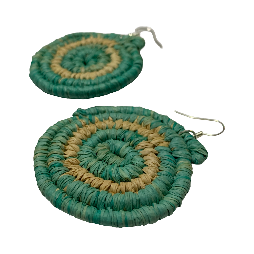 KATIJAH NOWLAN | ‘Large Earrings- Aqua / Natural’ | Woven Raffia | Stainless Steel Hook