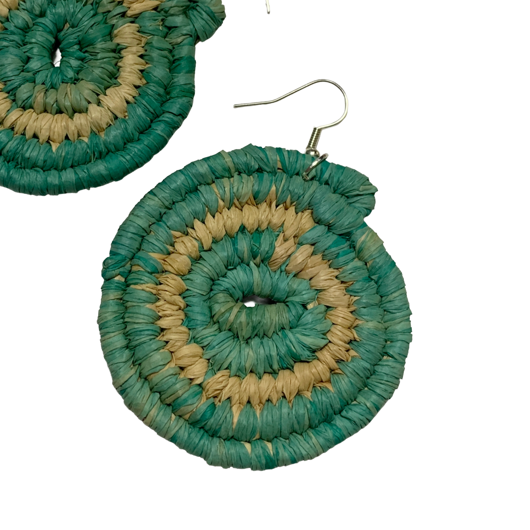 KATIJAH NOWLAN | ‘Large Earrings- Aqua / Natural’ | Woven Raffia | Stainless Steel Hook