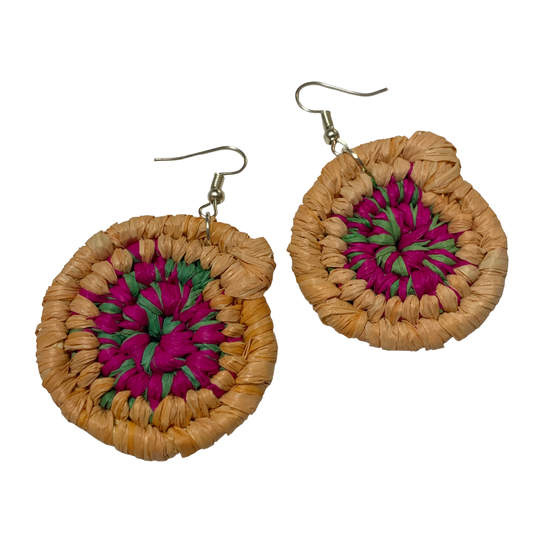 KATIJAH NOWLAN | ‘Large Earrings- Fuschia / Green / Peach’ | Woven Raffia | Stainless Steel Hook