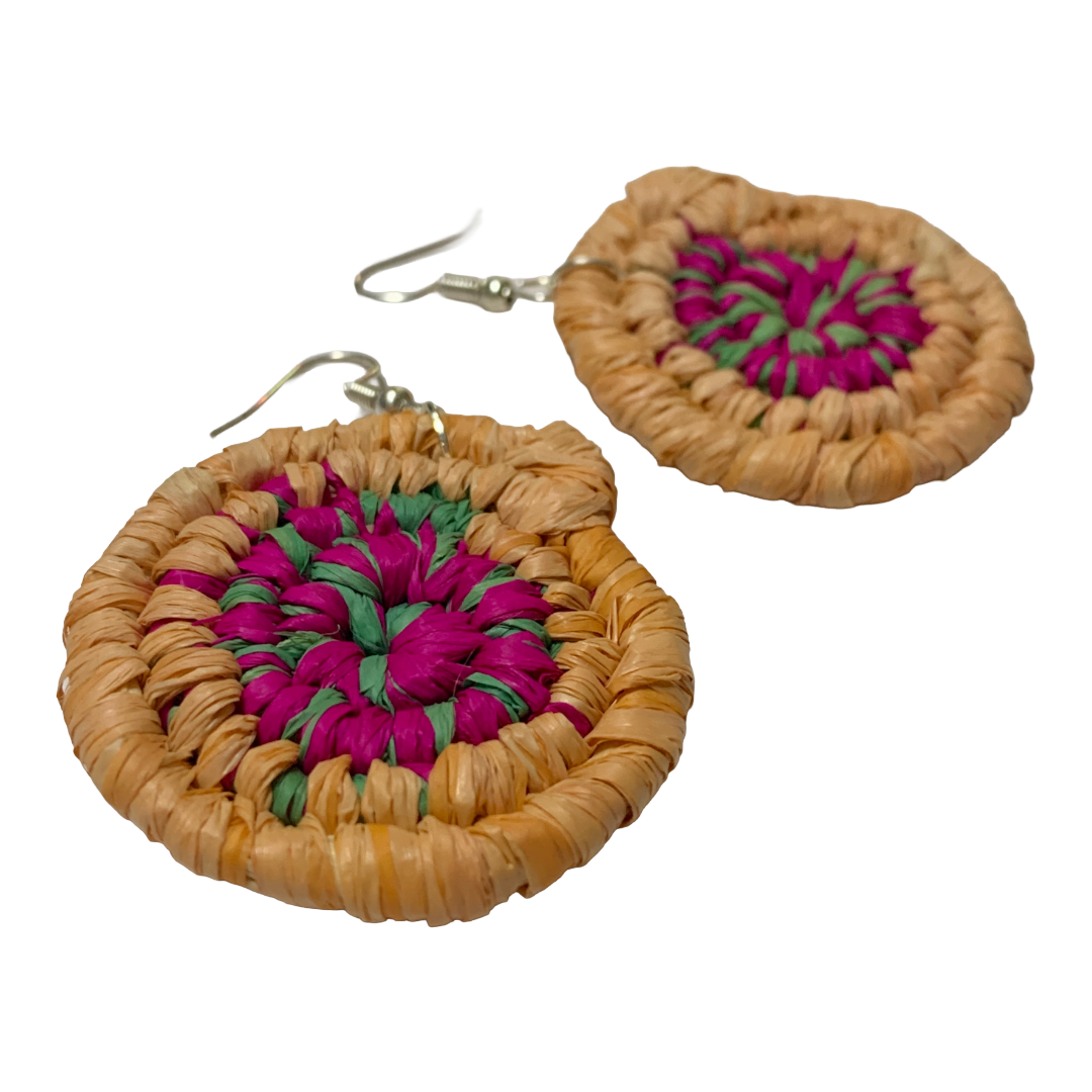 KATIJAH NOWLAN | ‘Large Earrings- Fuschia / Green / Peach’ | Woven Raffia | Stainless Steel Hook