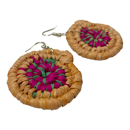 KATIJAH NOWLAN | ‘Large Earrings- Fuschia / Green / Peach’ | Woven Raffia | Stainless Steel Hook