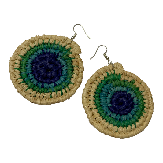 KATIJAH NOWLAN | ‘XL Earrings- Blue / Aqua / Green / Natural’ | Woven Raffia | Stainless Steel Hook