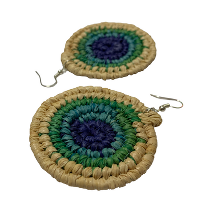 KATIJAH NOWLAN | ‘XL Earrings- Blue / Aqua / Green / Natural’ | Woven Raffia | Stainless Steel Hook