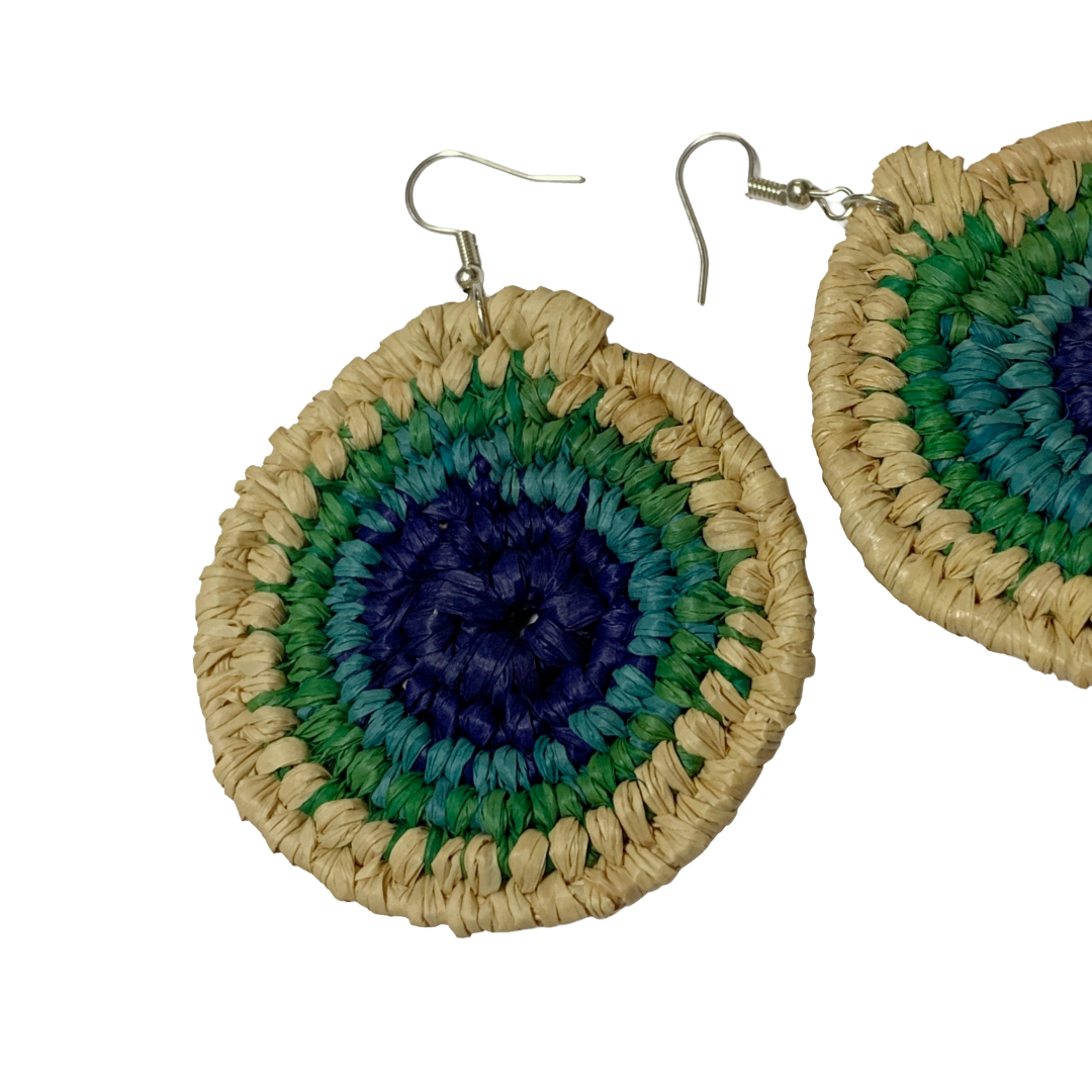 KATIJAH NOWLAN | ‘XL Earrings- Blue / Aqua / Green / Natural’ | Woven Raffia | Stainless Steel Hook
