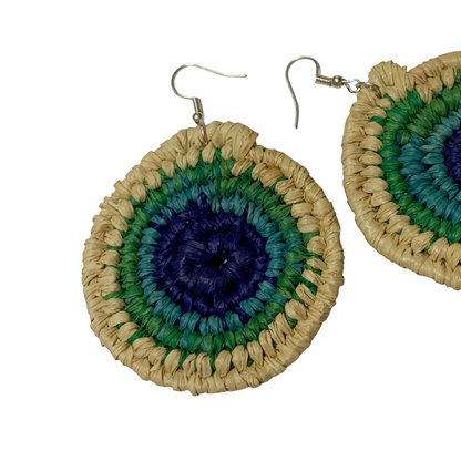 KATIJAH NOWLAN | ‘XL Earrings- Blue / Aqua / Green / Natural’ | Woven Raffia | Stainless Steel Hook
