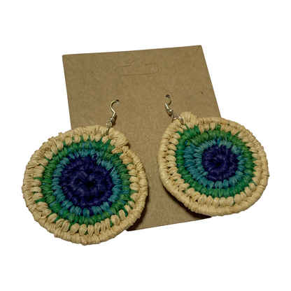 KATIJAH NOWLAN | ‘XL Earrings- Blue / Aqua / Green / Natural’ | Woven Raffia | Stainless Steel Hook