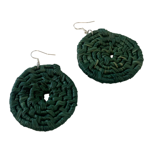 KATIJAH NOWLAN | ‘Large Earrings- Dark Green | Woven Raffia | Stainless Steel Hook