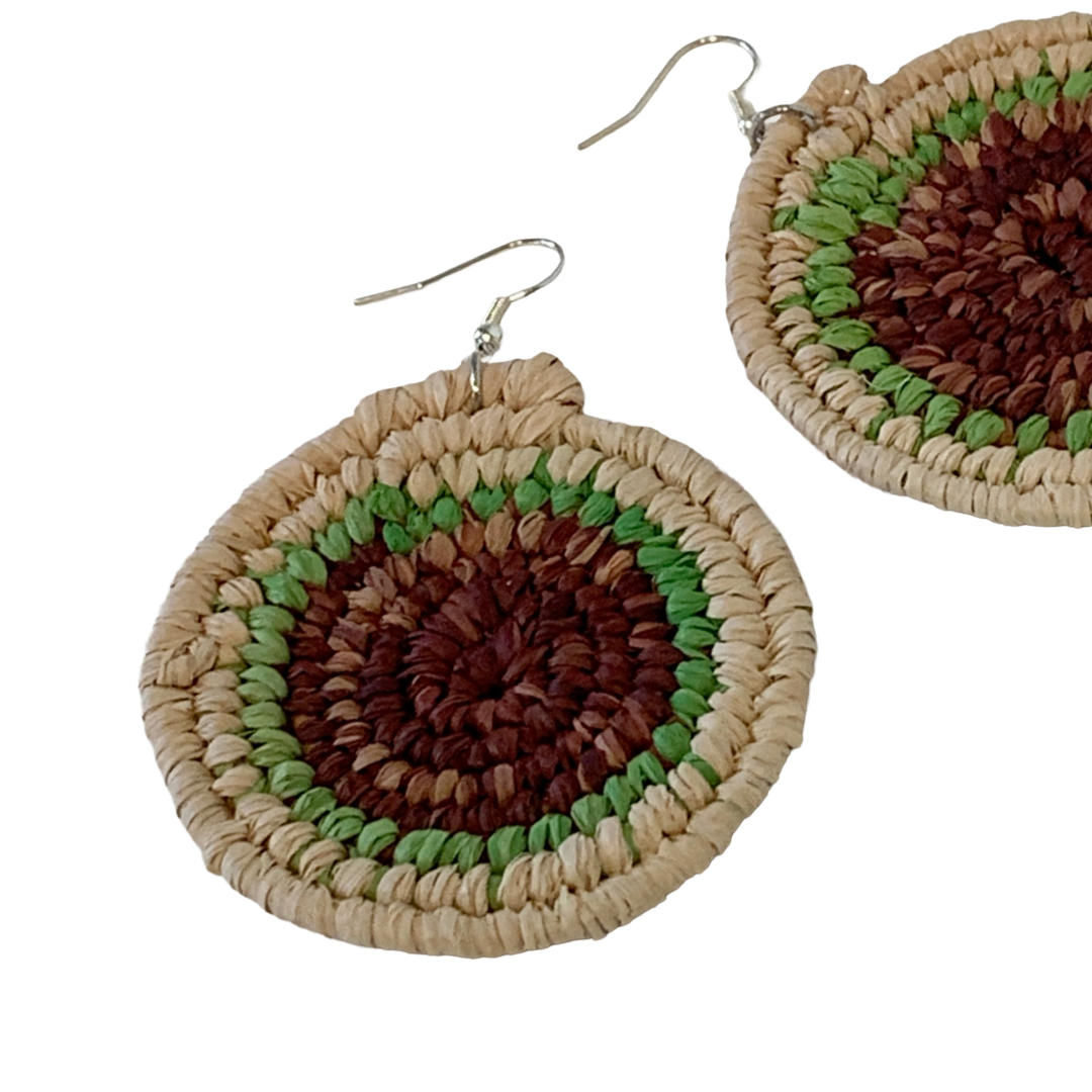 KATIJAH NOWLAN | ‘X Large Earrings- Green/ Brown/ Natural | Woven Raffia | Stainless Steel Hook