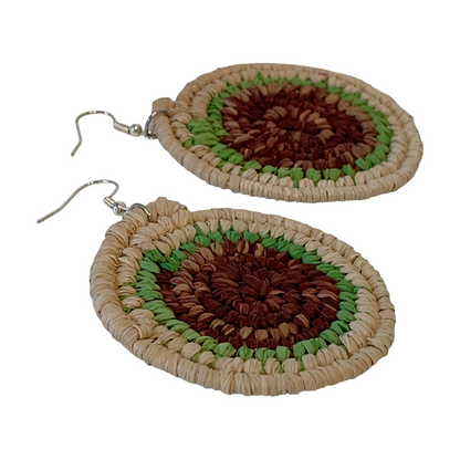 KATIJAH NOWLAN | ‘X Large Earrings- Green/ Brown/ Natural | Woven Raffia | Stainless Steel Hook