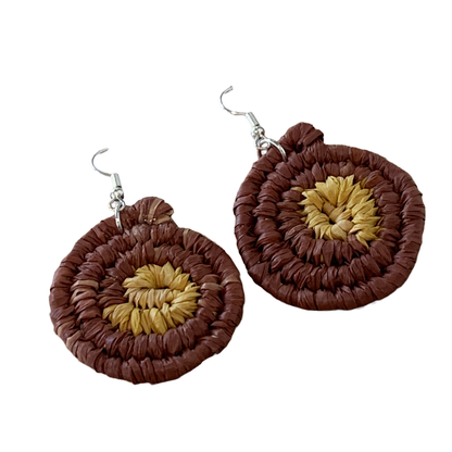 WEAVED BY THE SEA | ‘Small Earrings- Brown / Yellow’ | woven raffia | stainless steel hook