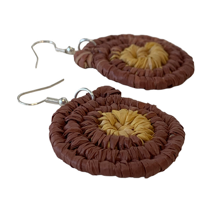 WEAVED BY THE SEA | ‘Small Earrings- Brown / Yellow’ | woven raffia | stainless steel hook