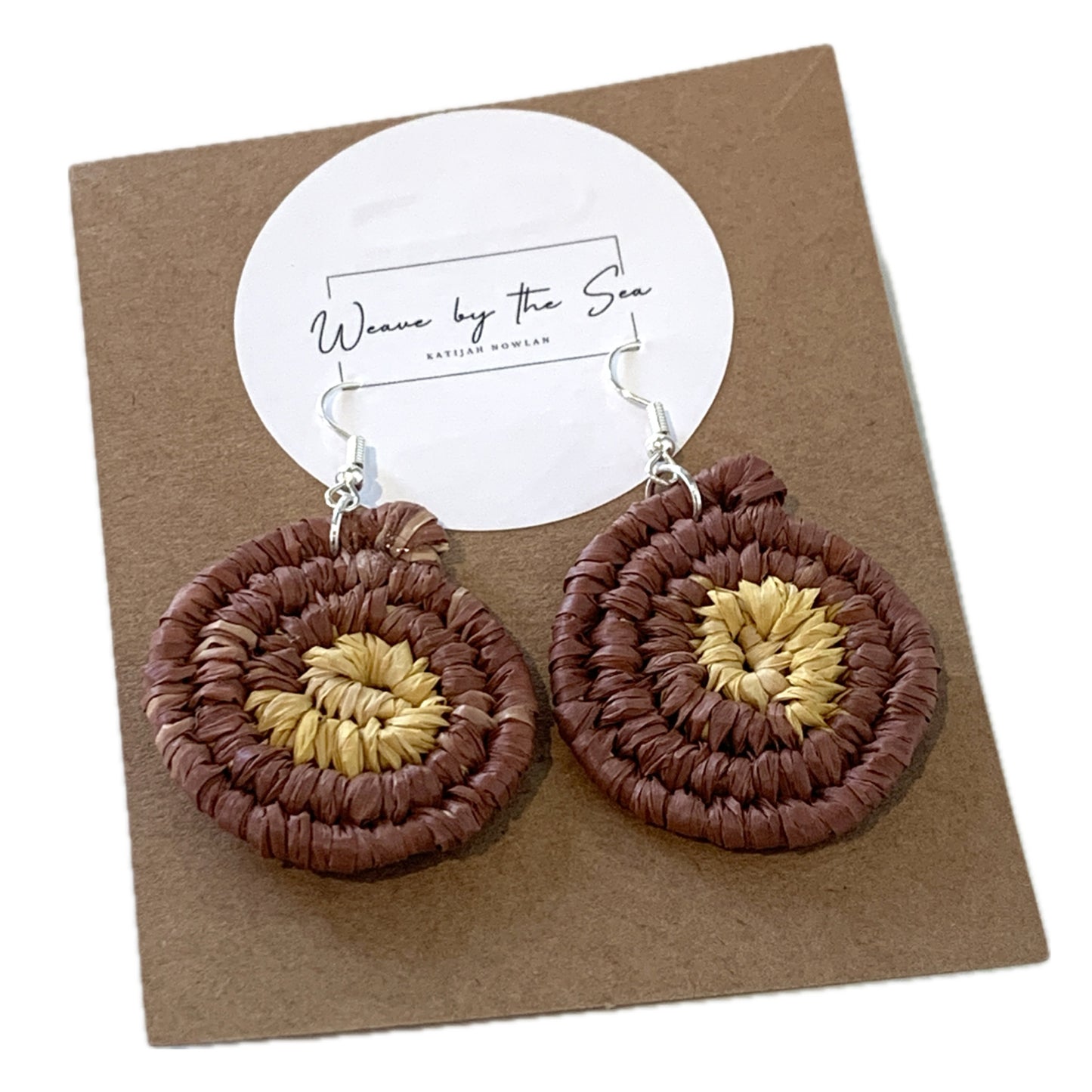 WEAVED BY THE SEA | ‘Small Earrings- Brown / Yellow’ | woven raffia | stainless steel hook