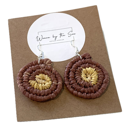 WEAVED BY THE SEA | ‘Small Earrings- Brown / Yellow’ | woven raffia | stainless steel hook