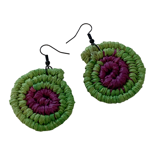 WEAVED BY THE SEA | ‘Small Earrings- Green / Purple’ | woven raffia | stainless steel hook