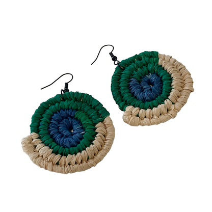 WEAVED BY THE SEA | ‘Medium Earrings- TSI Flag’ | Blue / Green / Natural | woven raffia | stainless steel hook