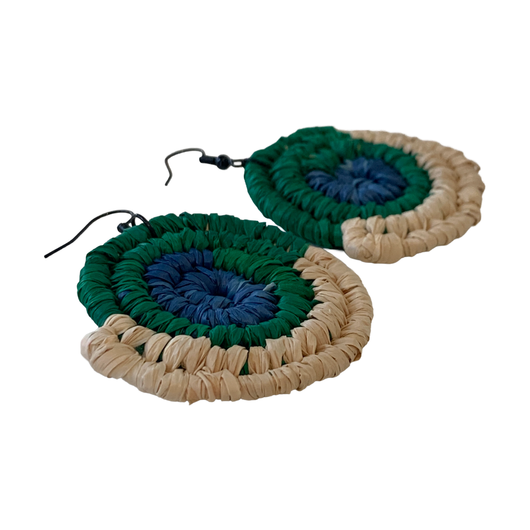 WEAVED BY THE SEA | ‘Medium Earrings- TSI Flag’ | Blue / Green / Natural | woven raffia | stainless steel hook