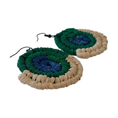 WEAVED BY THE SEA | ‘Medium Earrings- TSI Flag’ | Blue / Green / Natural | woven raffia | stainless steel hook