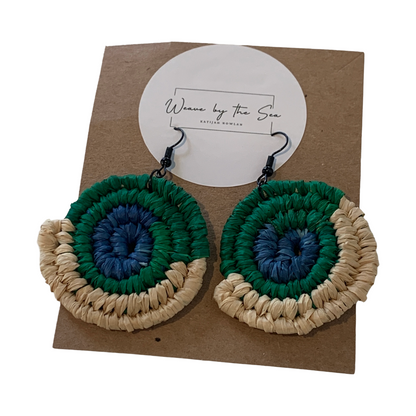WEAVED BY THE SEA | ‘Medium Earrings- TSI Flag’ | Blue / Green / Natural | woven raffia | stainless steel hook