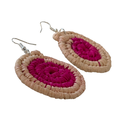 WEAVED BY THE SEA | ‘Large Earrings- Pink / Natural’ | woven raffia | stainless steel hook