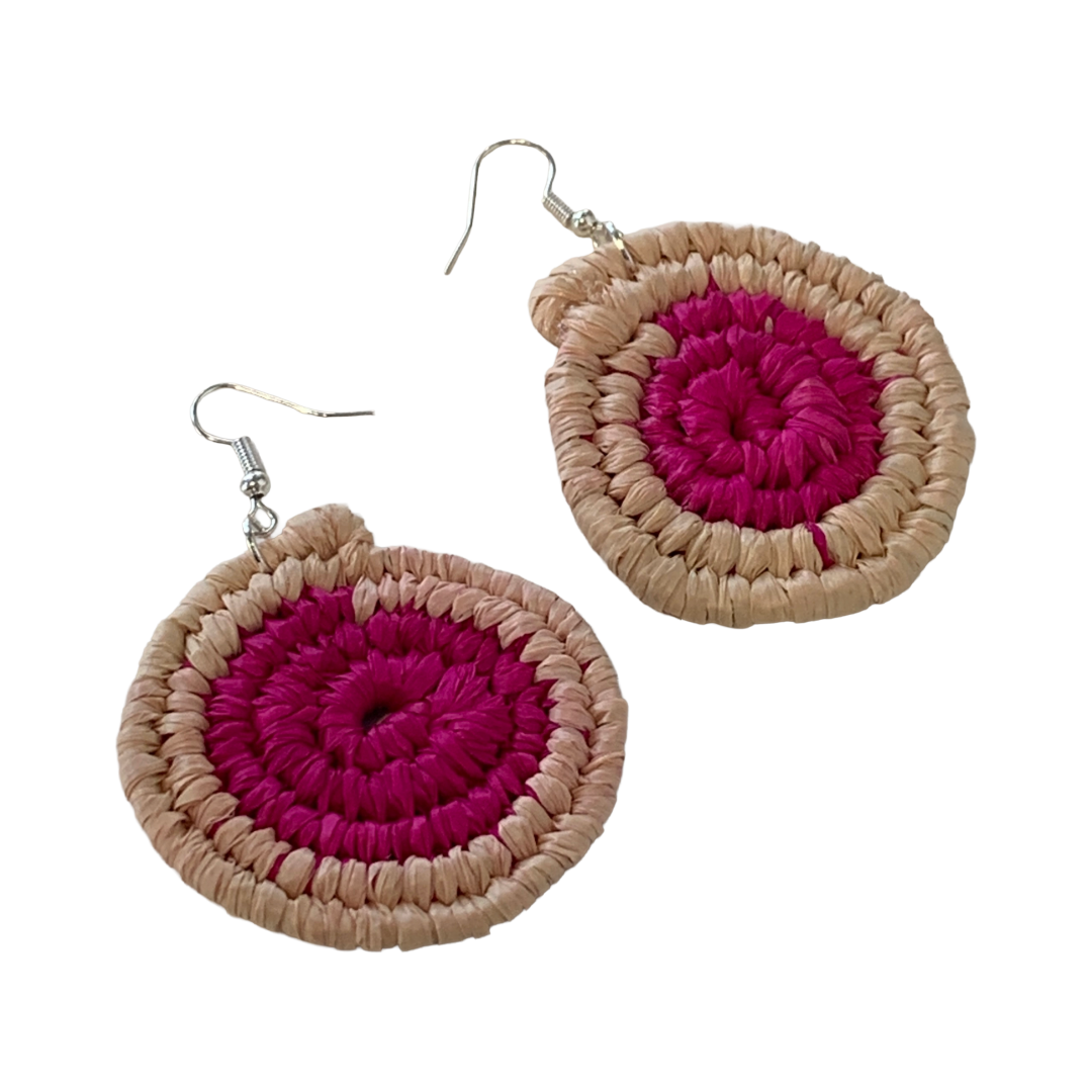 WEAVED BY THE SEA | ‘Large Earrings- Pink / Natural’ | woven raffia | stainless steel hook