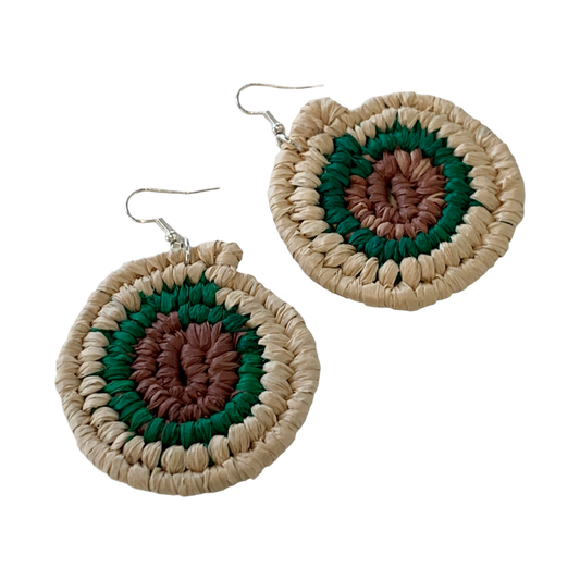 WEAVED BY THE SEA | ‘Large Earrings- Green / Brown / Natural’ | woven raffia | stainless steel hook