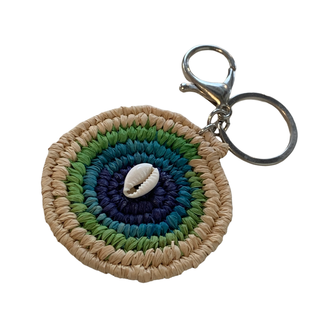 WEAVED BY THE SEA | ‘Keyring #5- Green / Blues / Natural | woven raffia + shell | stainless keychain