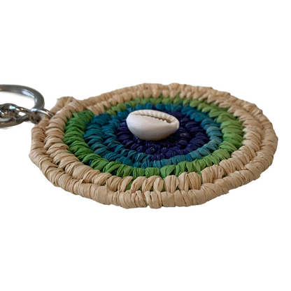 WEAVED BY THE SEA | ‘Keyring #5- Green / Blues / Natural | woven raffia + shell | stainless keychain