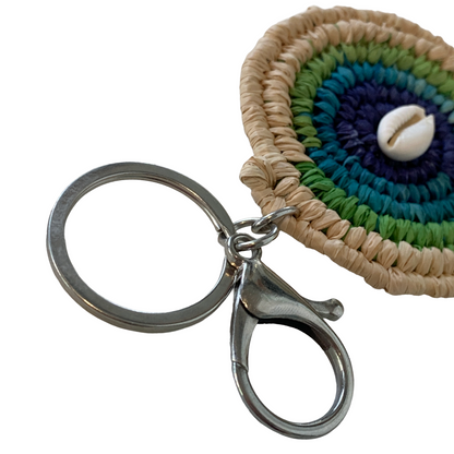 WEAVED BY THE SEA | ‘Keyring #5- Green / Blues / Natural | woven raffia + shell | stainless keychain