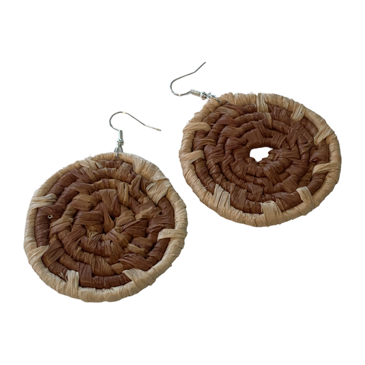WEAVED BY SEA | ‘X Large Earrings- Brown/ Natural | Woven Raffia | Stainless Steel Hook