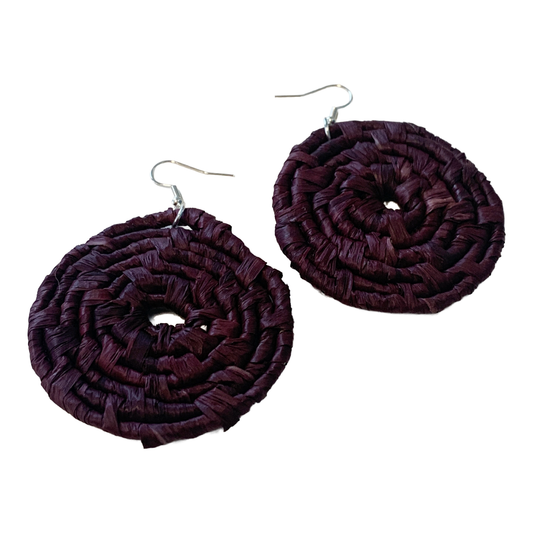 WEAVED BY SEA | ‘X Large Earrings- Dark Brown | Woven Raffia | Stainless Steel Hook