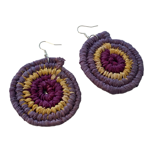 WEAVED BY THE SEA | ‘Large Earrings- Purples / Yellow’ | woven raffia | stainless steel hook