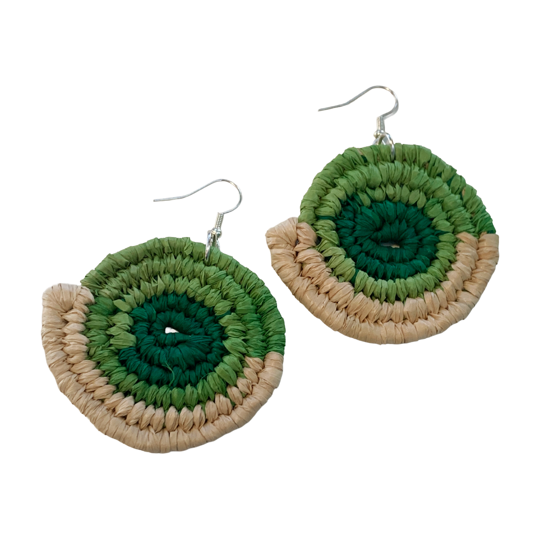 WEAVED BY SEA | Medium Earrings- Greens / Natural’ | Woven Raffia | Stainless Steel Hook