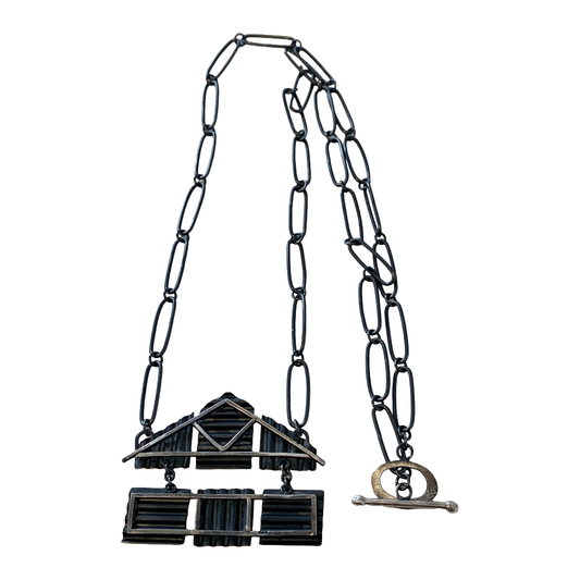 ALISON McDONALD | ‘Belonging Kinetic Corrugated House Necklace’ | Sterling silver & liver of sulphur patina | handmade sterling silver chain