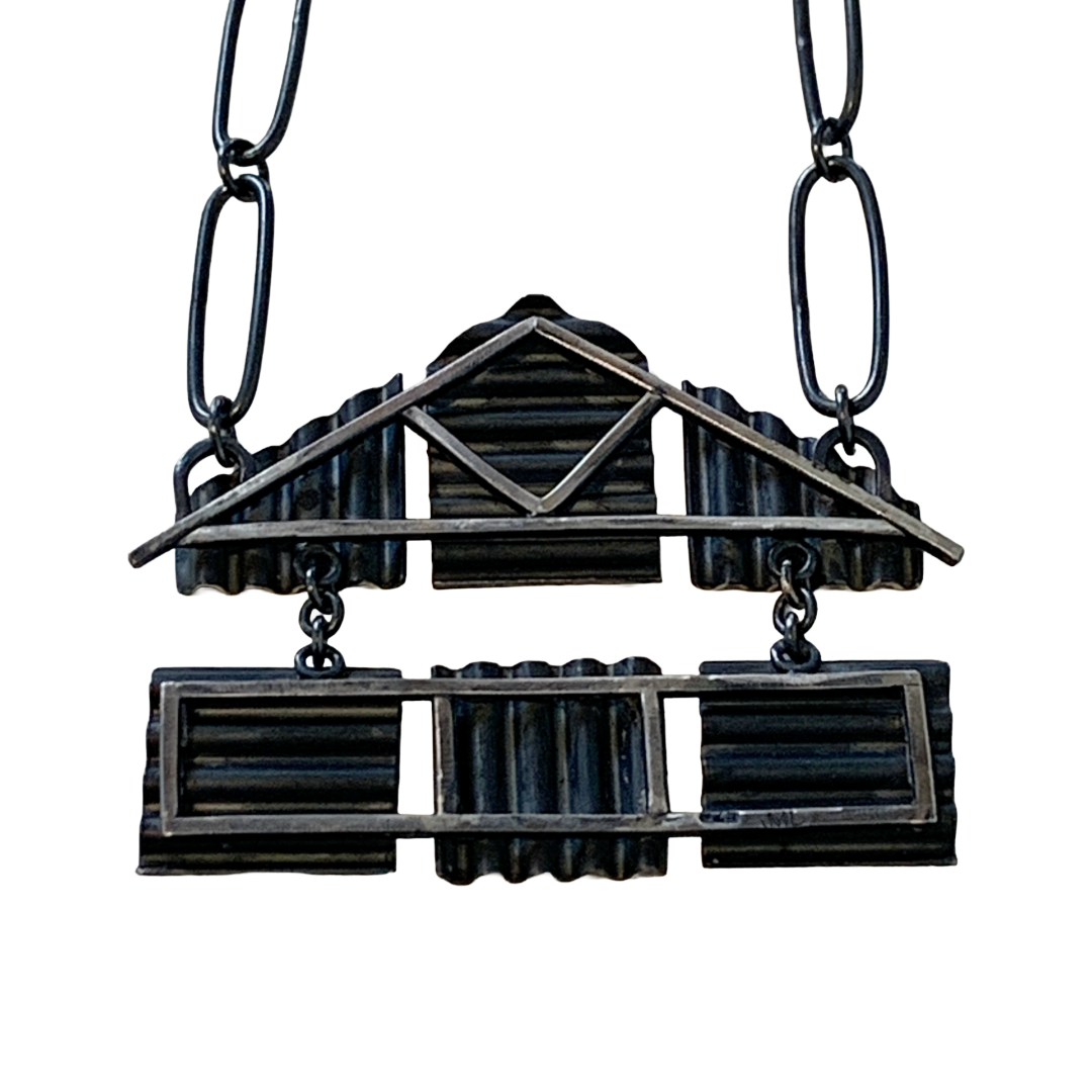 ALISON McDONALD | ‘Belonging Kinetic Corrugated House Necklace’ | Sterling silver & liver of sulphur patina | handmade sterling silver chain