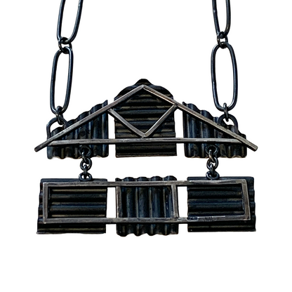 ALISON McDONALD | ‘Belonging Kinetic Corrugated House Necklace’ | Sterling silver & liver of sulphur patina | handmade sterling silver chain