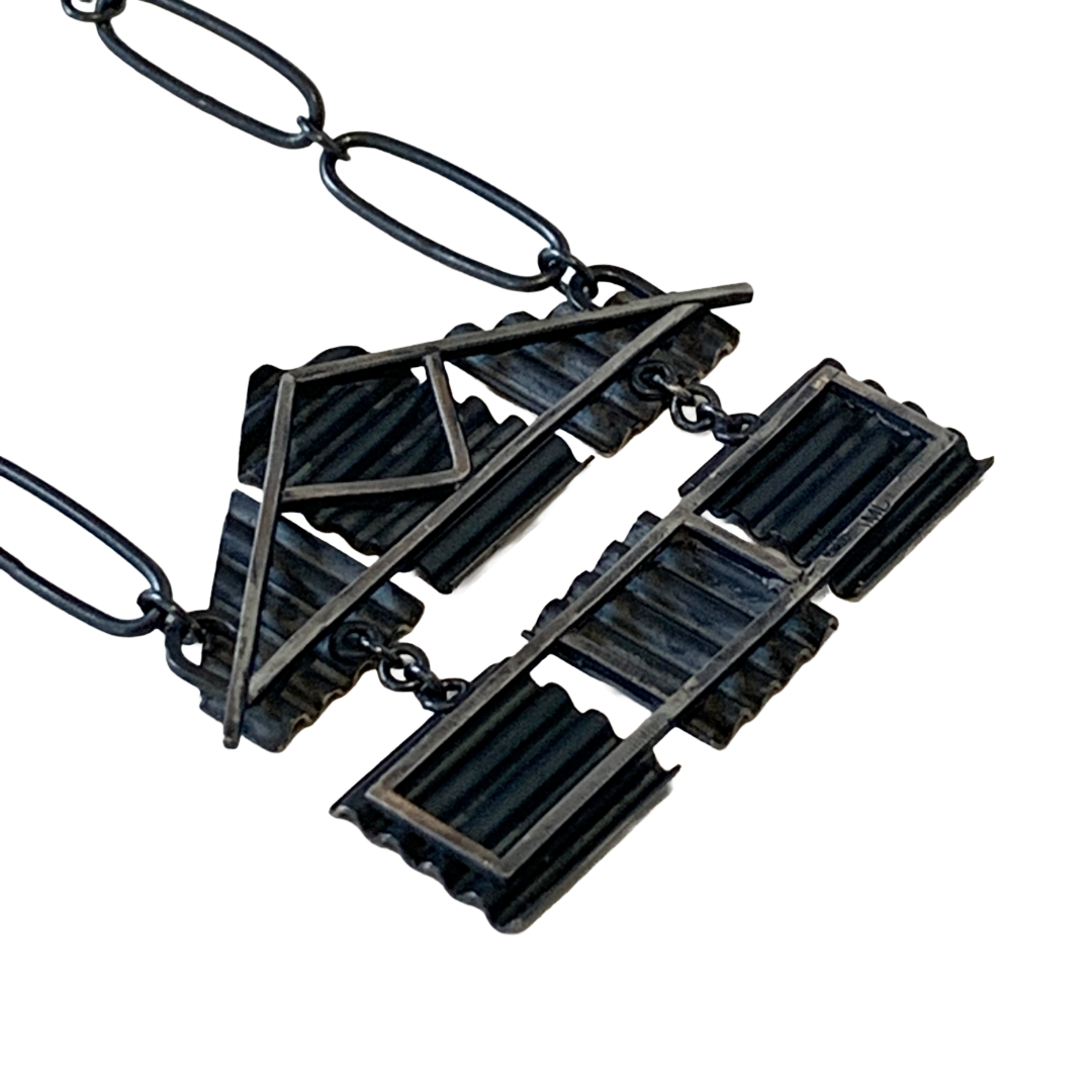 ALISON McDONALD | ‘Belonging Kinetic Corrugated House Necklace’ | Sterling silver & liver of sulphur patina | handmade sterling silver chain