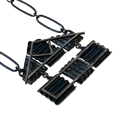 ALISON McDONALD | ‘Belonging Kinetic Corrugated House Necklace’ | Sterling silver & liver of sulphur patina | handmade sterling silver chain